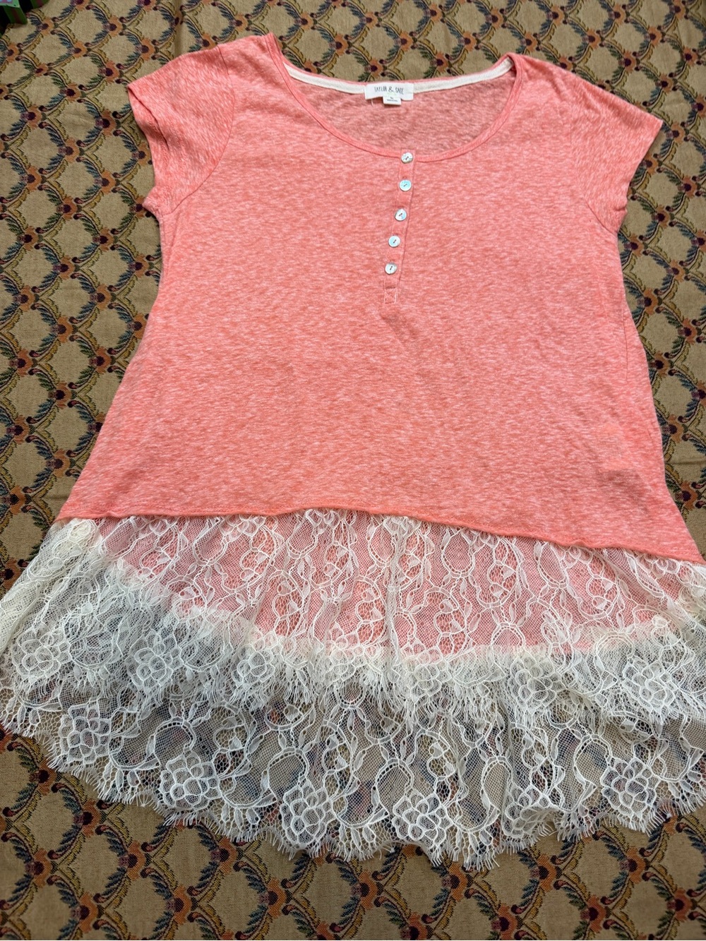 Taylor & Sage Coral Short-Sleeve Henley with Cream Lace Hem